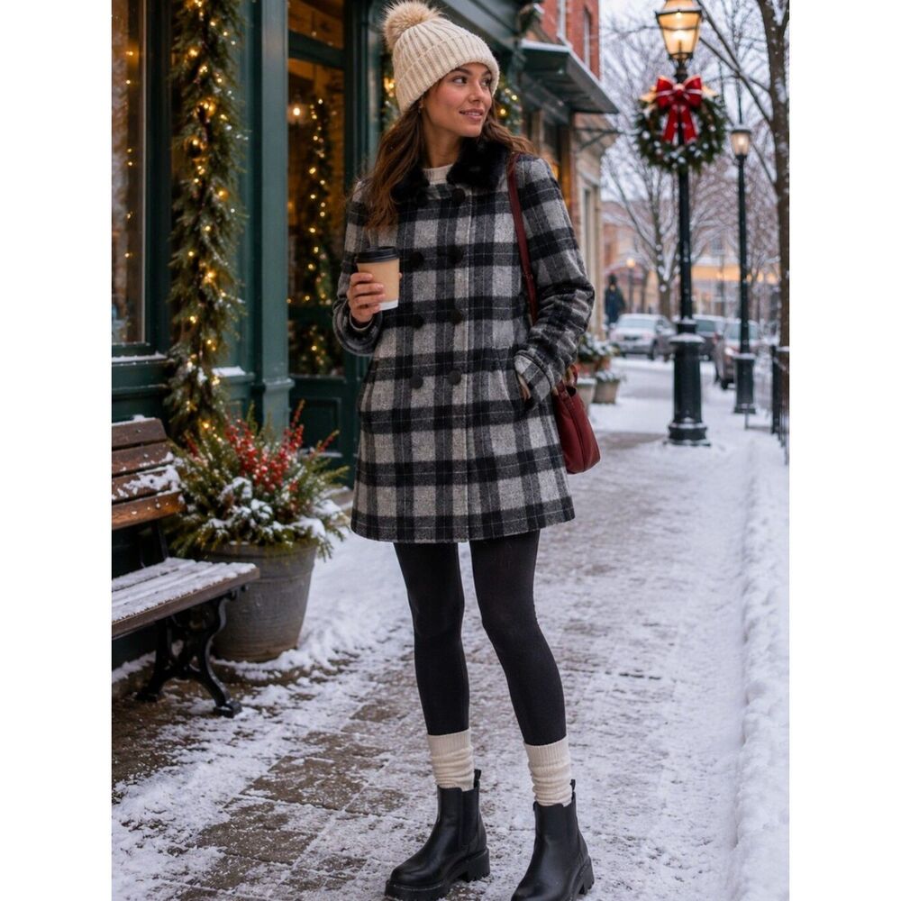 Gal Meets Glam Marnette Black Checked Fur trimmed Winter Coat NWT Large Capsule